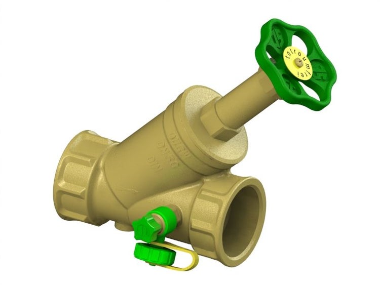 Schrägsitzventil aus Messing mit grünem Handrad, totraumfrei, Nennweite 50, mit Entleerungsventil.