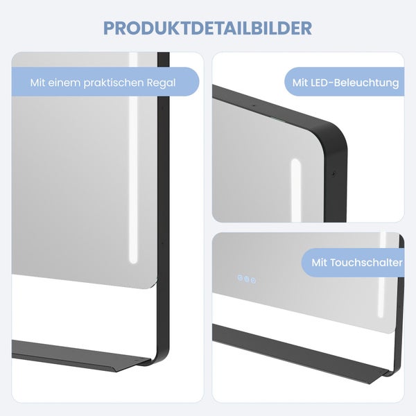 Produktdetails eines Badezimmerspiegels mit integriertem Regal, LED Beleuchtung und Touchschalter.