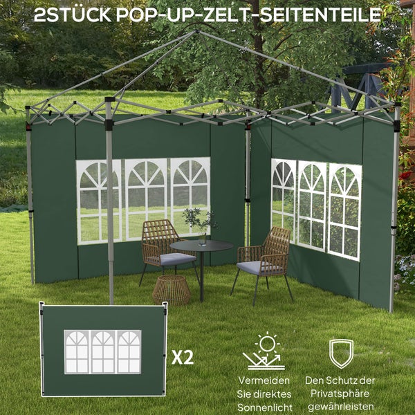 Zwei dunkelgrüne Seitenteile für Faltpavillons mit je drei Rundbogenfenstern, montiert im Garten für Sonnenschutz und Sichtschutz.