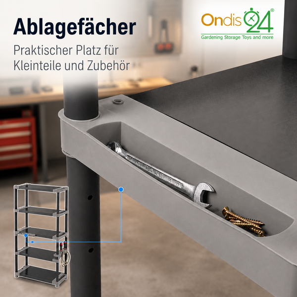 Kunststoffregal mit integriertem Ablagefach für Werkzeug und Kleinteile. Ondis24 Logo.