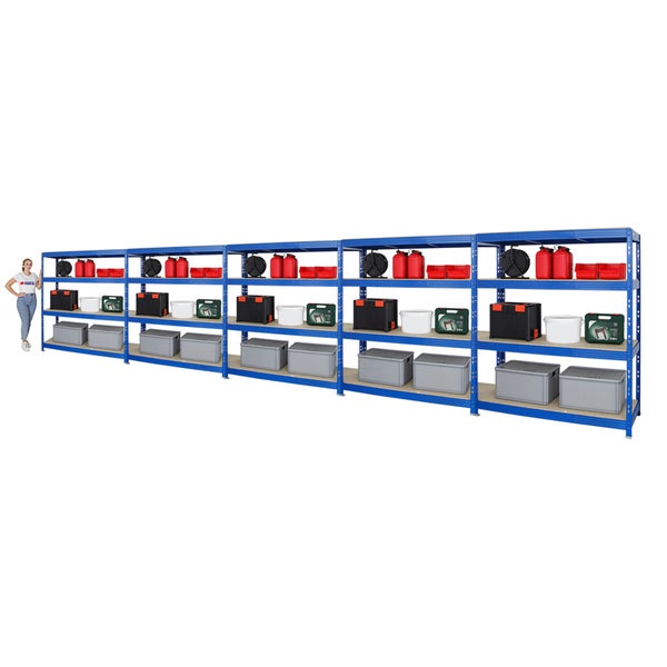 PROREGAL Mega Deal 5x Profi Schwerlastregal Rhino HxBxT 180 x 160 x 60 cm 4 Spanplatten-Ebenen 16mm Fachlast 500 kg Blau