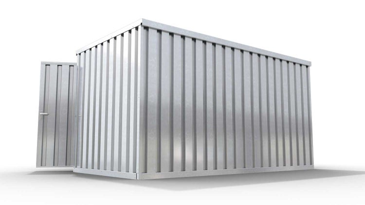 Lagercontainer Gerätehaus L  – 8 qm, H2150 x B4050 x T2170 mm, verzinkt, mit Holzfußboden, 2750 mm Doppelflügeltür mittig in Breitseite, zerlegt
