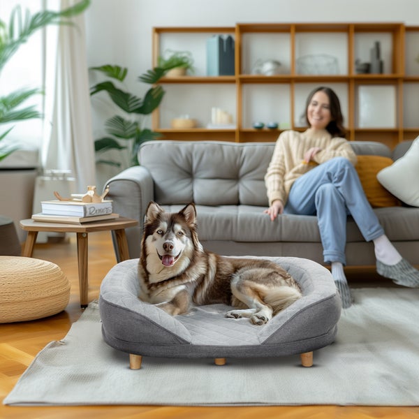 PawHut Hundesofa Hundecouch, Waschbarer Bezug, Haustiersofa mit Rückenlehne und Holzbeine, Katzensofa, Hundbett für mittelgroße Hunde unter 25 kg, 90cm x 78cm x 25cm, Grau