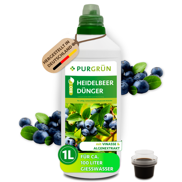Purgrün Bio-Heidelbeerdünger, 1 Liter Flasche mit Vinasse und Algenextrakt, für circa 100 Liter Gießwasser, hergestellt in Deutschland.