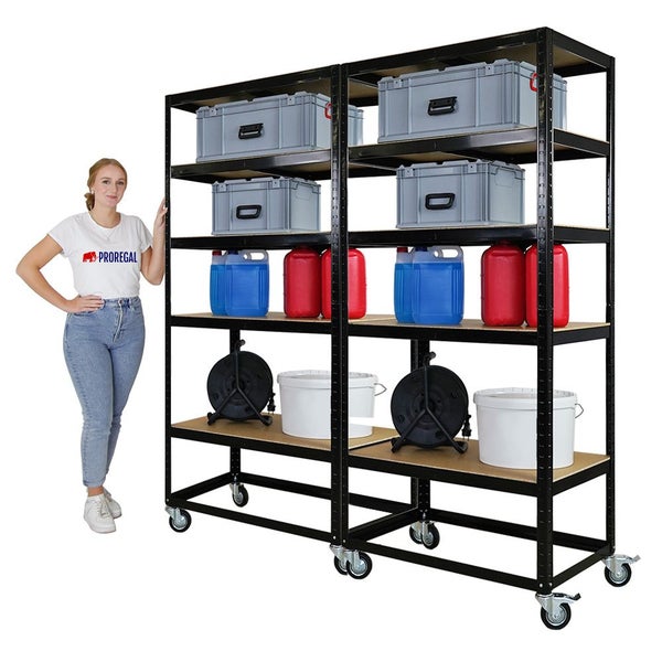 PROREGAL Mega Deal 2x Kommissionierwagen BÜFFEL Fahrbares Kommissionierregal 192x90x50cm 5 Ebenen Fachlast 50kg 2X Lenkrollen & 2X Lenkrollen mit Feststellbremse Schwarz