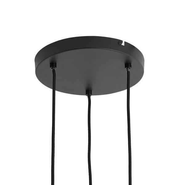 Schwarzer runder Baldachin für Pendelleuchten mit drei Textilkabeln.