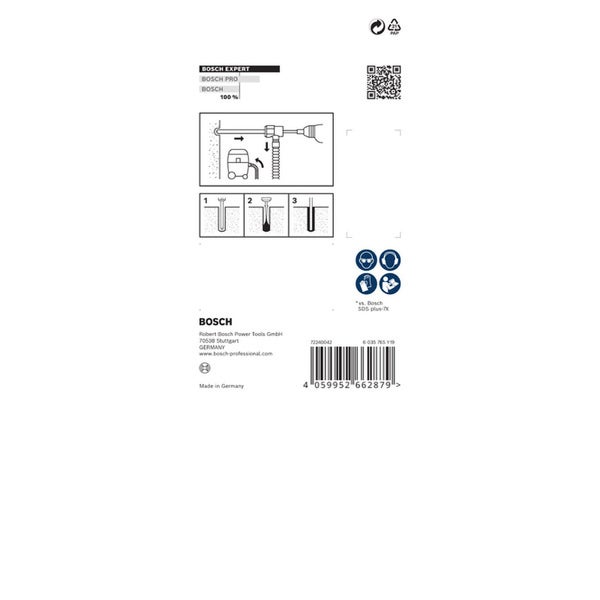 Bosch Expert Bohrer-Verpackungsaufdruck mit Anwendungshinweisen und Sicherheitssymbolen