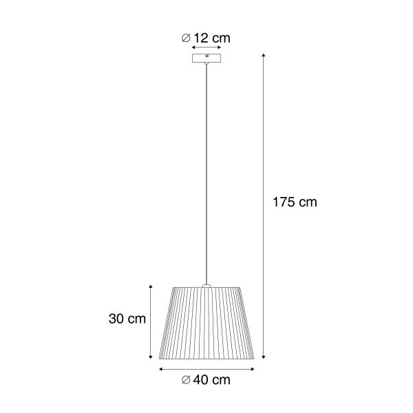 Maßzeichnung Pendelleuchte: Gesamthöhe 175 Zentimeter, Schirmhöhe 30 Zentimeter, Schirmdurchmesser 40 Zentimeter, Baldachindurchmesser 12 Zentimeter.