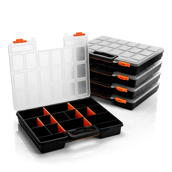 BigDean 5 Stück Sortimentskasten stapelbar 38x33x6cm praktische Sortierbox mit 16 Fächern – Werkzeugkoffer leer Organizer Box Sortierkasten - Sortierboxen für Kleinteile - Made in Italy