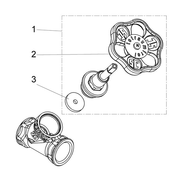 Explosionszeichnung eines Ventils mit Handrad, Spindel und Dichtung, markiert mit den Ziffern eins bis drei.