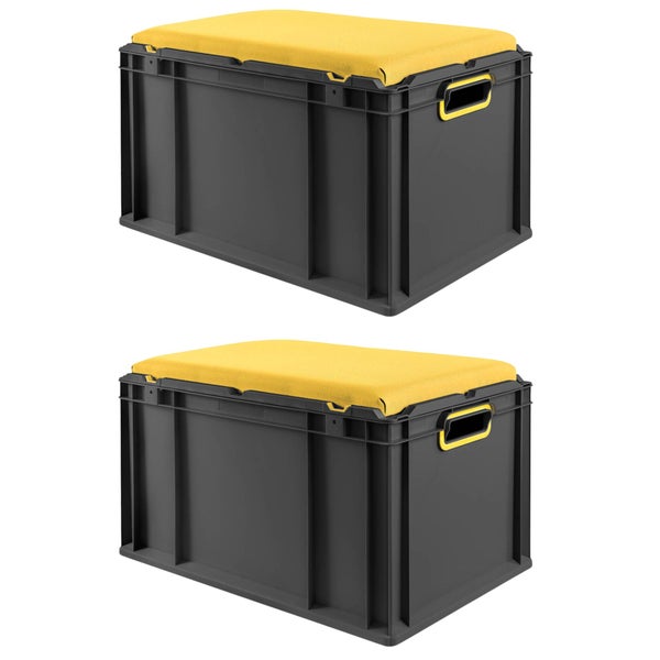 Zwei graue Aufbewahrungsboxen mit gelben Sitzkissen
