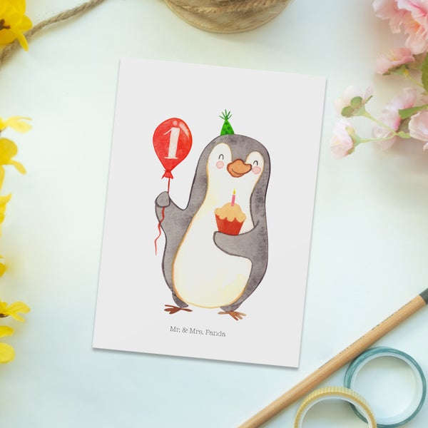 Mr. & Mrs. Panda Postkarte 1. Geburtstag Pinguin Luftballon - Weiß