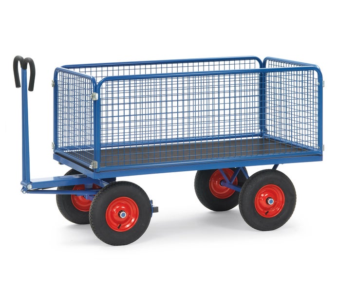 Fetra Handpritschenwagen mit Zugöse an der Deichsel, Drahtgitterwänden 600 mm hoch Luft-Bereifung 2000x1000 mm