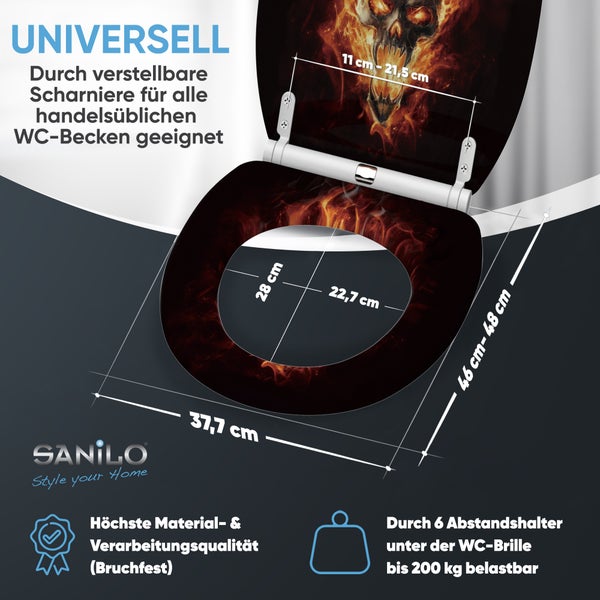 Sanilo Toilettensitz universell mit Totenkopf-Feuer-Motiv, Sanilo Logo, 37,7 mal 46 bis 48 Zentimeter, bruchfest, belastbar bis 200 Kilogramm.