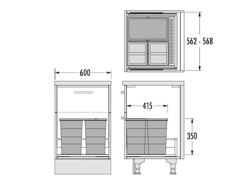 Technische Zeichnung eines Abfalltrennsystems für einen 600 Millimeter breiten Unterschrank mit Maßangaben für Breite, Höhe und Tiefe.