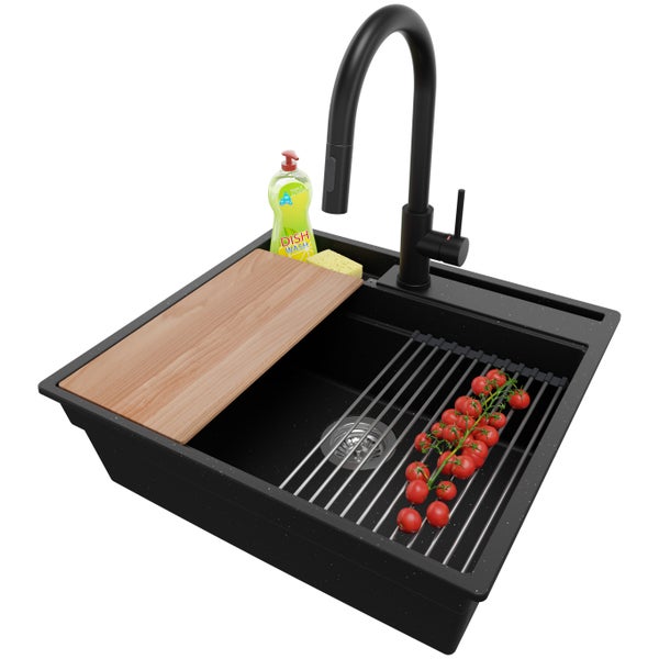 PRIMAGRAN Granitspüle Schwarz Metallic 58x53cm, Spülbecken 1 Becken + Küchenarmatur 40x20cm + Ablauf-Set + Küchenzubehörset, Küchenspüle ab 60er Unterschrank - Oslo Pocket