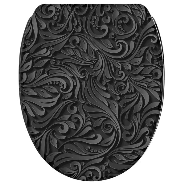 WC-Sitz mit geprägtem floralem Ornament-Muster in Schwarz.