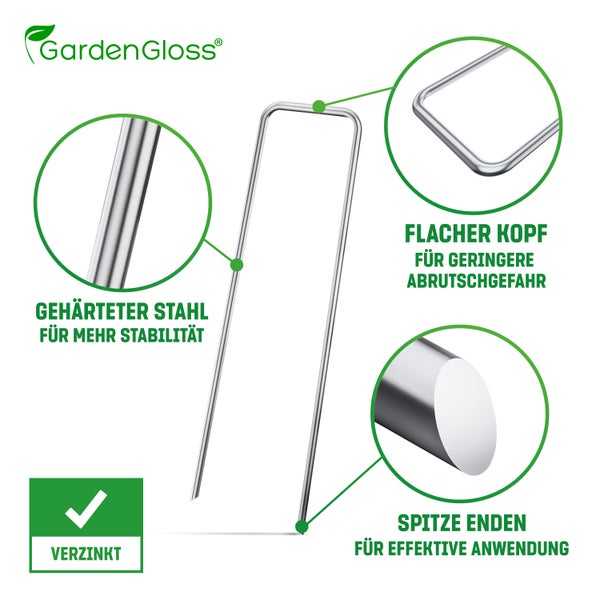 GardenGloss Anti-Rost Erdanker aus Stahl (250 Stück) - Stabile Heringe / Bodenanker für Unkrautvlies, Gartenvlies, Zaun & Camping - Metallheringe 150 MM Lang, 25 MM Breit, Ø 3 MM