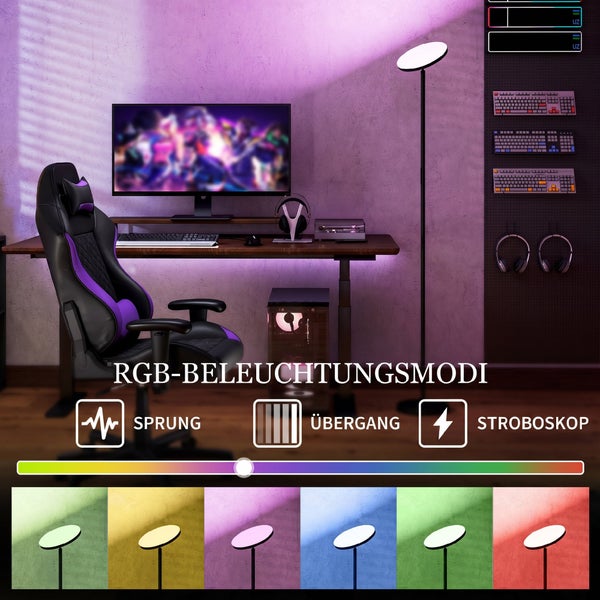Moderne Stehleuchte in einem Gaming-Zimmer mit verschiedenen RGB-Beleuchtungsmodi wie Sprung, Übergang und Stroboskop sowie Farbauswahl.