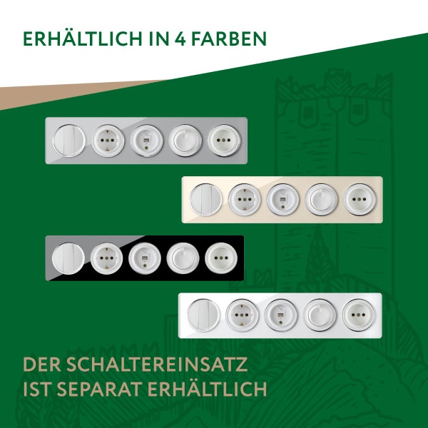 Vier verschiedene Rahmen für Schalter und Steckdosen mit je fünf Einsätzen, Schaltereinsatz ist separat erhältlich.