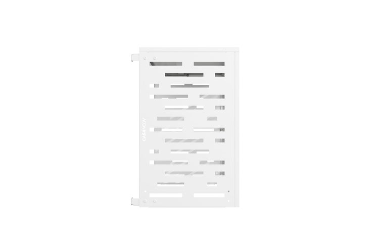 Weißes Gartentor aus Aluminium mit dekorativem horizontalem Lamellenmuster der Marke Casancov.