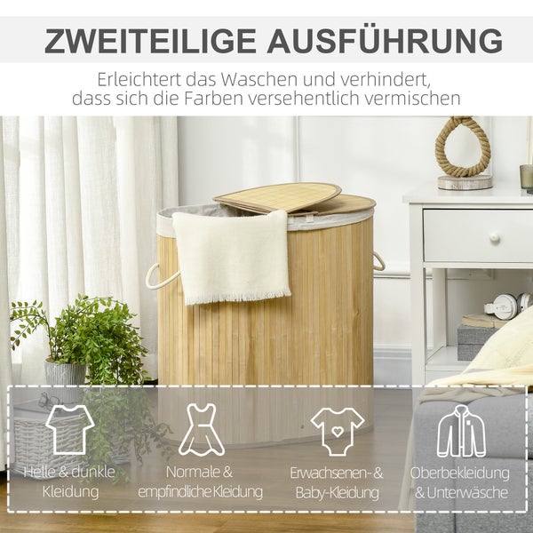 HOMCOM Bambus Wäschekorb mit Deckel 100L Wäschesammler mit Griffen, 2 herausnehmbarer Wäschesack, Wäschesortierer Wäschebox für Waschküche, Badezimmer, Schlafzimmer, Naturholz