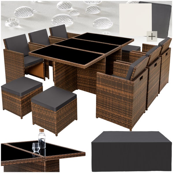 Rattan Sitzgruppe tectake New York 2 Bezugssets, zusammenschiebbar, inklusive Schutzhülle mit Aluminiumgestell schwarz/braun