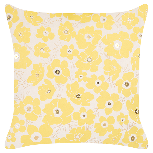 Quadratisches Dekokissen mit gelbem Blumenmuster und goldenen Details.