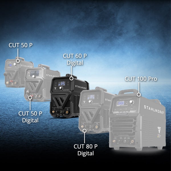 Vergleich verschiedener Stahlwerk Plasmaschneider Modelle wie CUT 50 P, CUT 50 P Digital, CUT 60 P Digital, CUT 80 P Digital und CUT 100 Pro.