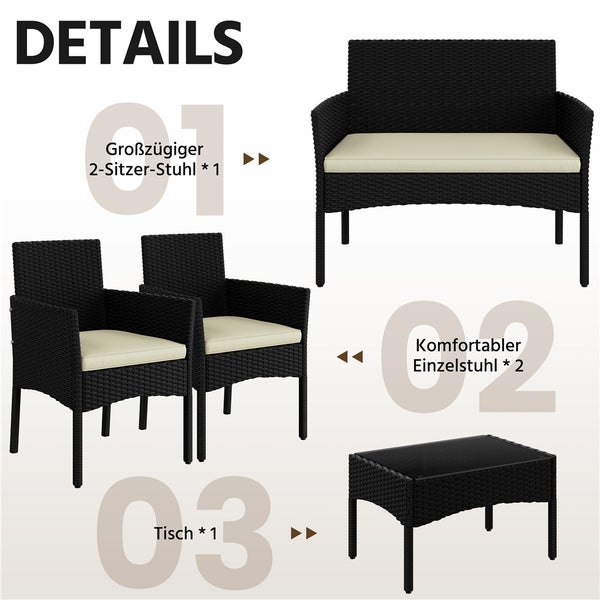 Detailansicht eines Gartenmöbelsets bestehend aus einem Zweisitzer, zwei Sesseln und einem Tisch.