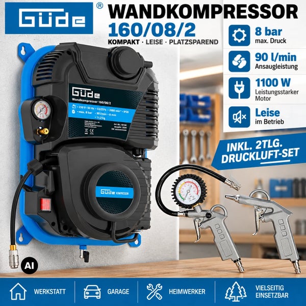 Güde Wandkompressor 160/08/2 mit 8 bar, 1100 Watt Motor, 90 Liter pro Minute Saugleistung, inklusive zweiteiligem Druckluftset für die Werkstatt.