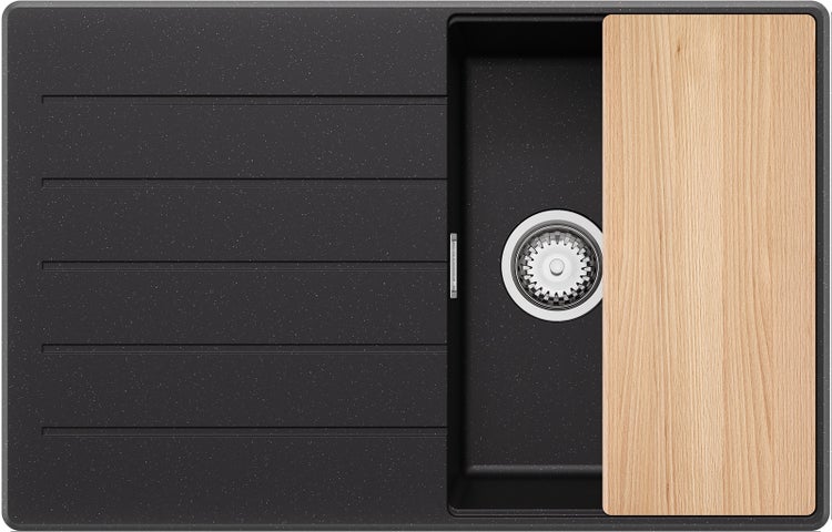 PRIMAGRAN Spülbecken Schwarz Metallic 78x50cm, Granitspüle 1 Becken + Ablauf-Set + Schneidebrett, Küchenspüle ab 45er Unterschrank - Kopenhagen