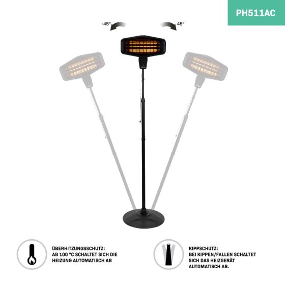 Elektro-Standheizstrahler mit neigbarem Kopf um 45 Grad. Mit Überhitzungsschutz ab 100 Grad Celsius und automatischer Abschaltung bei Kippen.