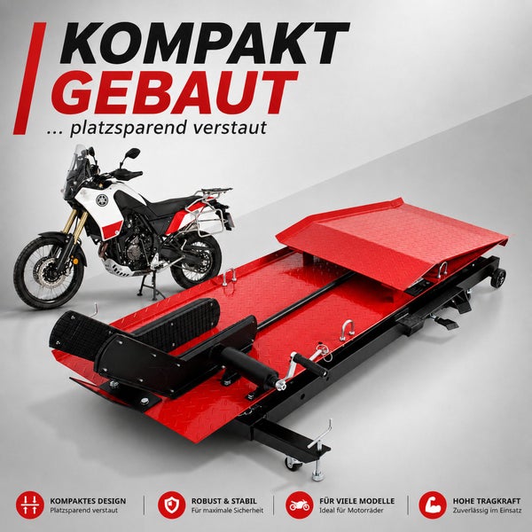 Kompakte Motorradhebebühne in zusammengeklapptem Zustand neben einem Motorrad mit Details zu Tragkraft und Stabilität.