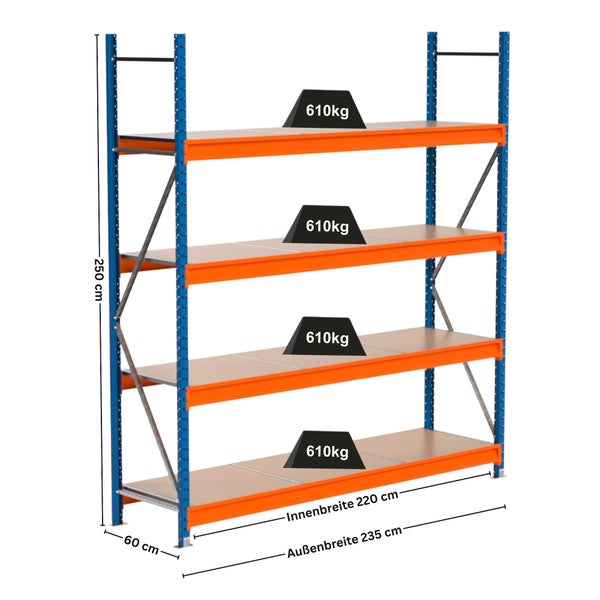 Schwerlastregal mit vier Ebenen, Maße 250 cm hoch, 235 cm breit, 60 cm tief
