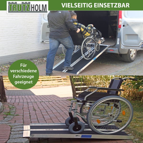 Zwei Bilder zeigen eine Rampe für Rollstühle in verschiedenen Anwendungssituationen.