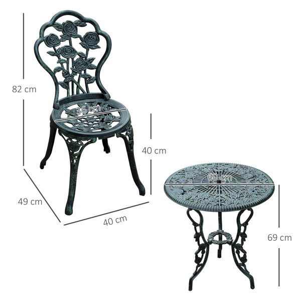 Gartenstuhl und Bistrotisch aus Metall mit Rosenmuster und Maßen. Stuhl Höhe 82 Zentimeter, Tisch Höhe 69 Zentimeter, Durchmesser 60 Zentimeter.