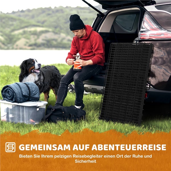 Szene mit Mann, Hund und Auto beim Camping, inklusive Campingkocher, Decke, Transportbox und Hundegitter.