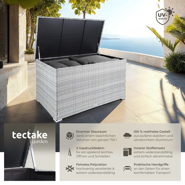 Auflagenbox tectake Oslo 145 x 82,5 x 79,5 cm mit Aluminiumgestell und Rattangeflecht hellgrau