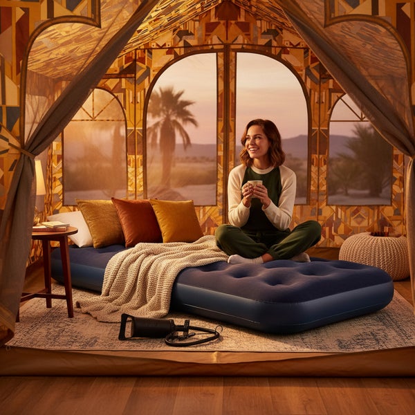 Frau auf blauem Luftbett in einem Glamping-Zelt mit Wüstenpanorama, inklusive Kissen, Decke und Luftpumpe.