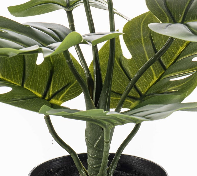 Künstliche Monstera-Pflanze aus Kunststoff in einem schwarzen Topf mit großen grünen Blättern.