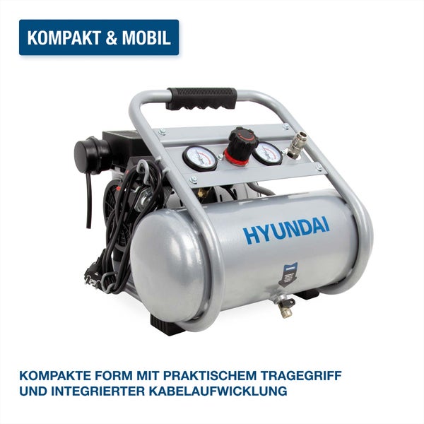 Hyundai Kompressor, kompakt und mobil, mit Tragegriff, integrierter Kabelaufwicklung, Druckbehälter und Manometern.