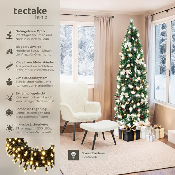 Künstlicher Weihnachtsbaum von tectake Home mit integrierter LED Lichterkette, geschmückt in einem festlichen Wohnzimmer vor einem Winterfenster.