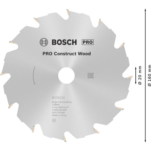 Bosch PRO Construct Wood Kreissägeblatt 160 x 2,6 x 20 mm - 2608640630