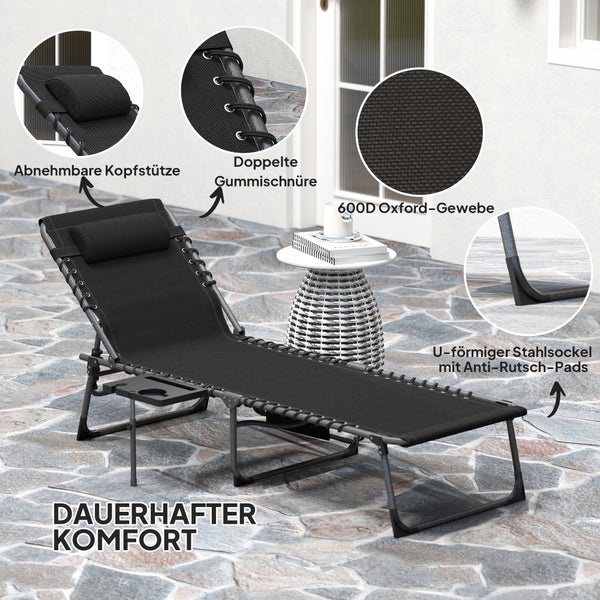 Gartenliege aus Stahl mit Oxford-Gewebe, abnehmbarer Kopfstütze, doppelten Gummischnüren, Seitenablage und rutschfestem U-förmigem Stahlsockel.