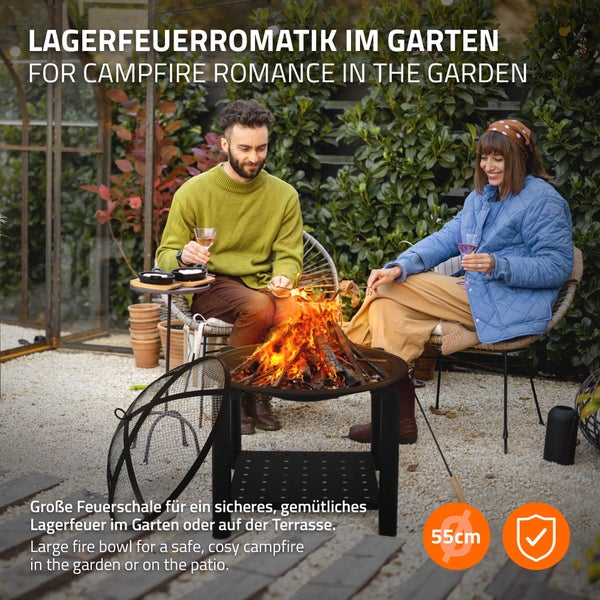 ECD Germany Feuerschale mit Funkenschutz & Grillrost, aus Stahl, Ø55 cm, robust, stabil & rostbeständig, für Garten/Heizung/BBQ, 2in1 Grill Feuerstelle Feuerkorb Feuerhaken Funkenfluggitter Schürhaken