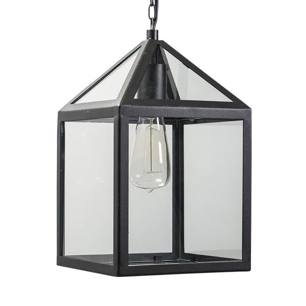 Schwarze Außenhängeleuchte in Laternenform aus Metall und Glas mit sichtbarem Leuchtmittel und Kettenaufhängung.