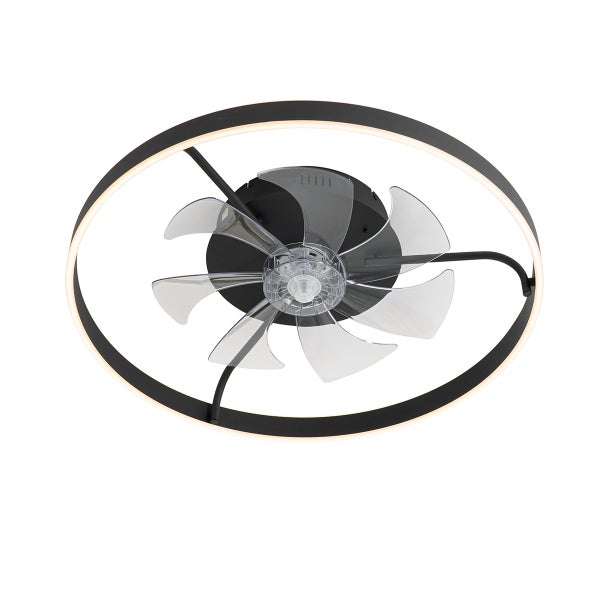 Moderner Deckenventilator mit schwarzem Gehäuse, integriertem LED-Ringlicht und transparenten Rotorblättern.