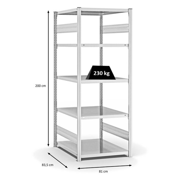 PROREGAL Fachbodenregal Stecksystem T-Profil Medium-Duty Grundregal HxBxT 200 x 75 x 80 cm 5 Ebenen Fachlast 230 kg Beidseitig Nutzbar Lichtgrau