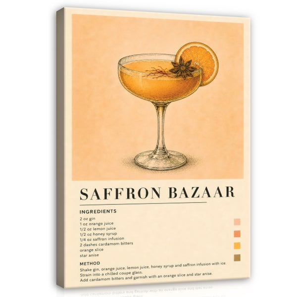 Wandbild mit Illustration eines Saffron Bazaar Cocktails, Rezeptur und Zutatenliste im Vintage Stil.